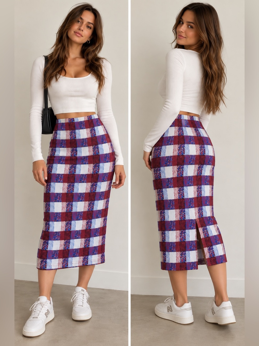Topshop Plaid Check Fitted Midi Pencil Skirt Red Blue White US 4